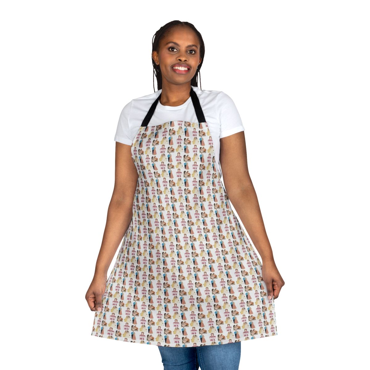 Bridgerton-themed apron with cast characters and logo