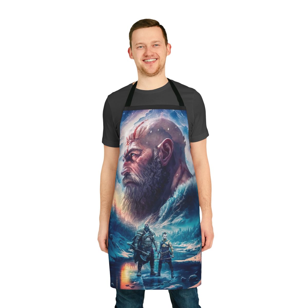 God of War Kratos and Atreus digital illustration apron