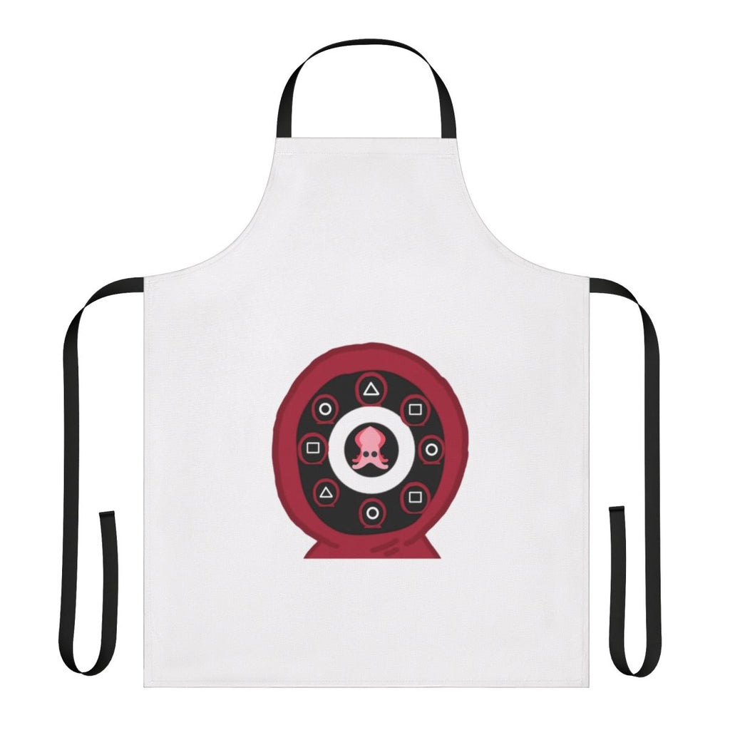 Purple apron with Squid Game inspired square and circle designs