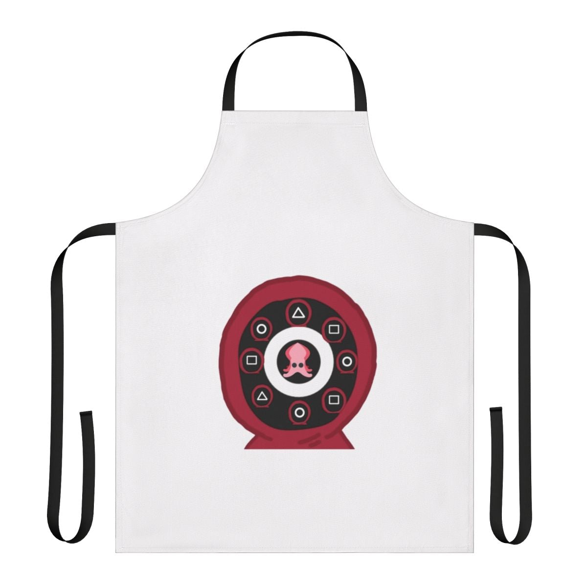 Purple apron with Squid Game inspired square and circle designs