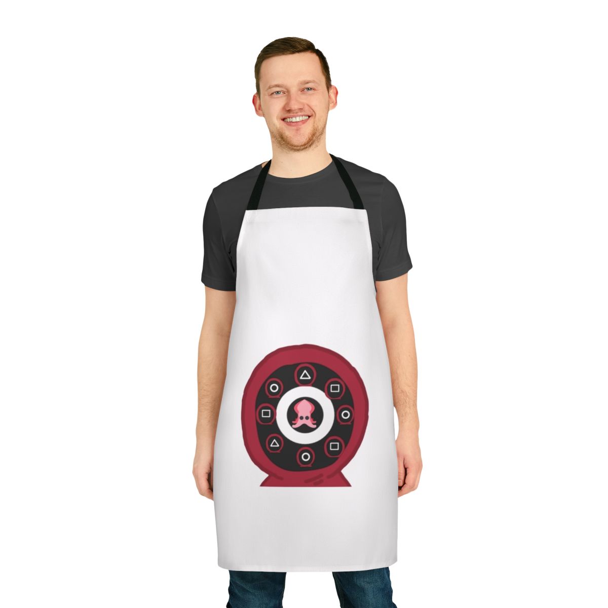 Purple apron with Squid Game inspired square and circle designs