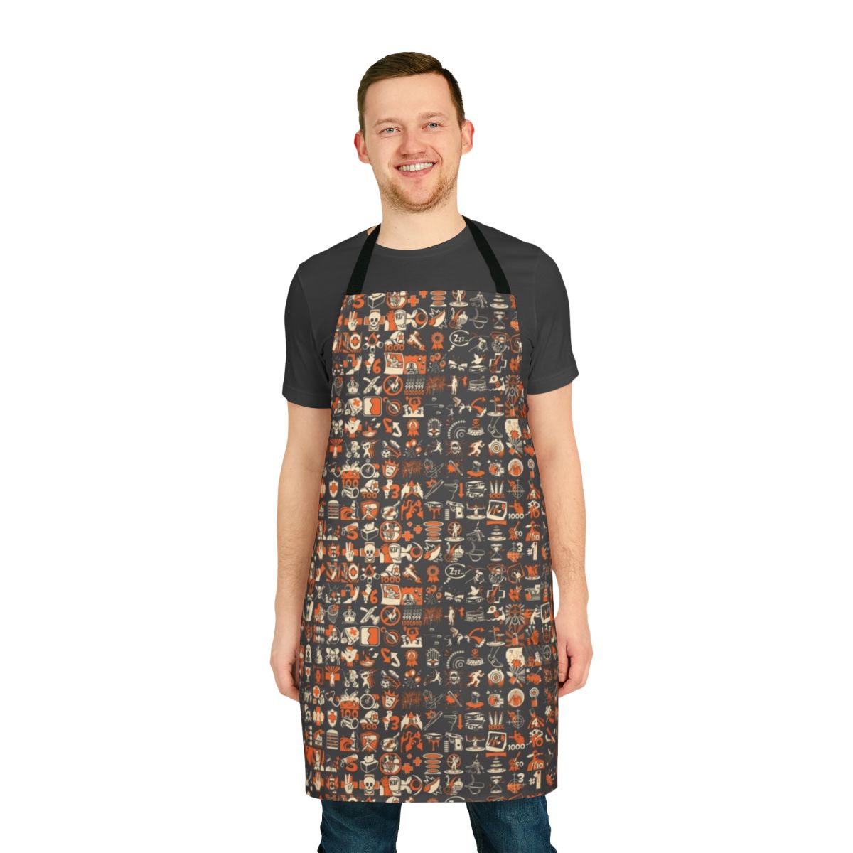 Team Fortress 2 inspired apron with a repeating achievement pattern design