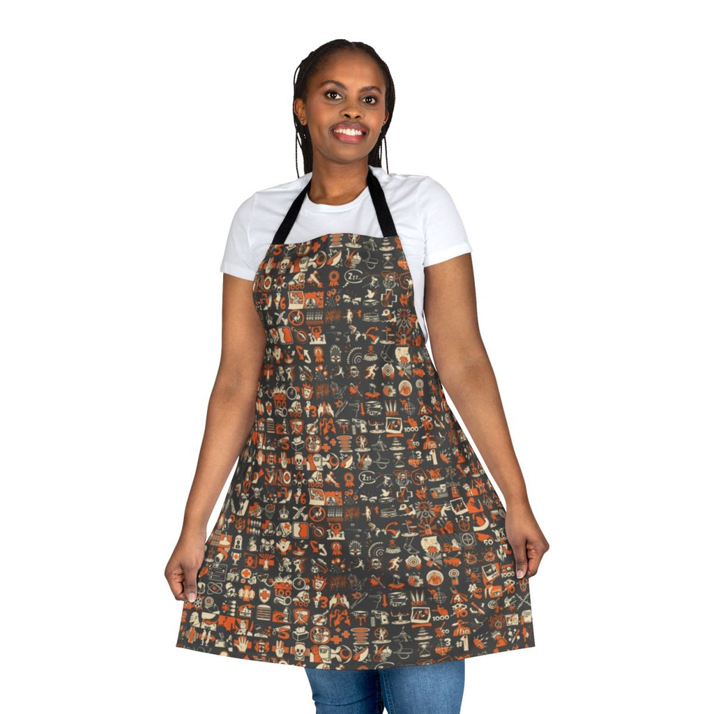 Team Fortress 2 inspired apron with a repeating achievement pattern design