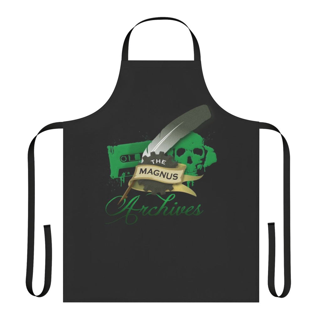 The Magnus Archives logo printed on a black apron