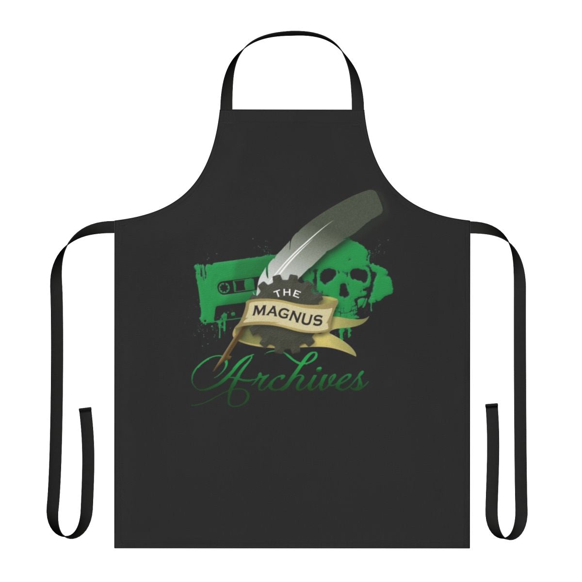 The Magnus Archives logo printed on a black apron