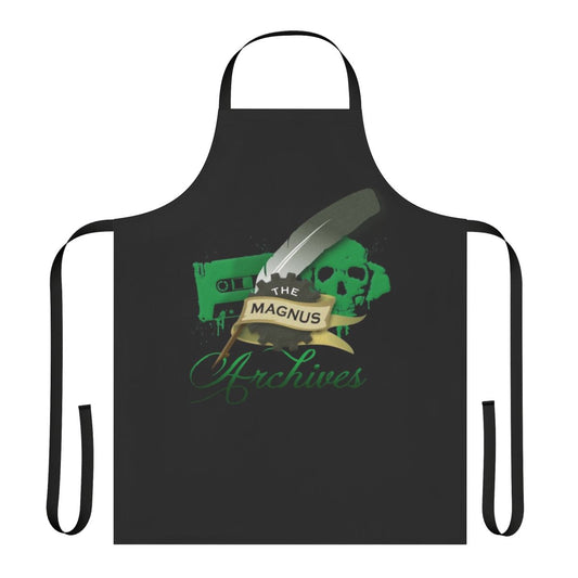 The Magnus Archives logo printed on a black apron