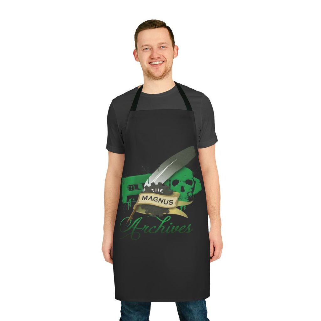 The Magnus Archives logo printed on a black apron