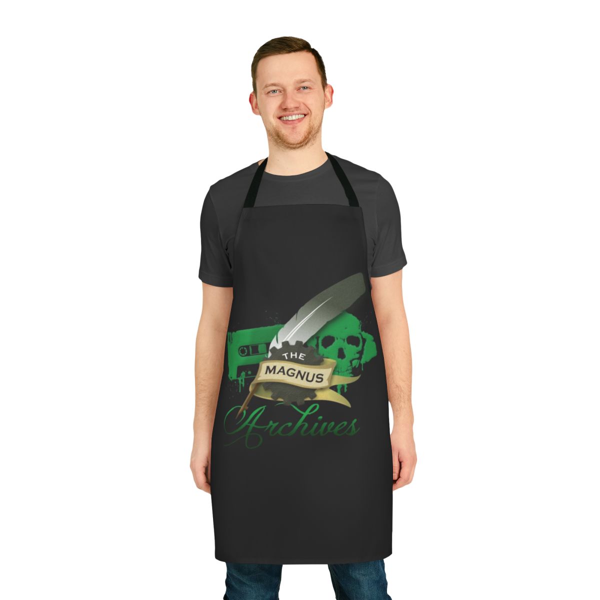 The Magnus Archives logo printed on a black apron