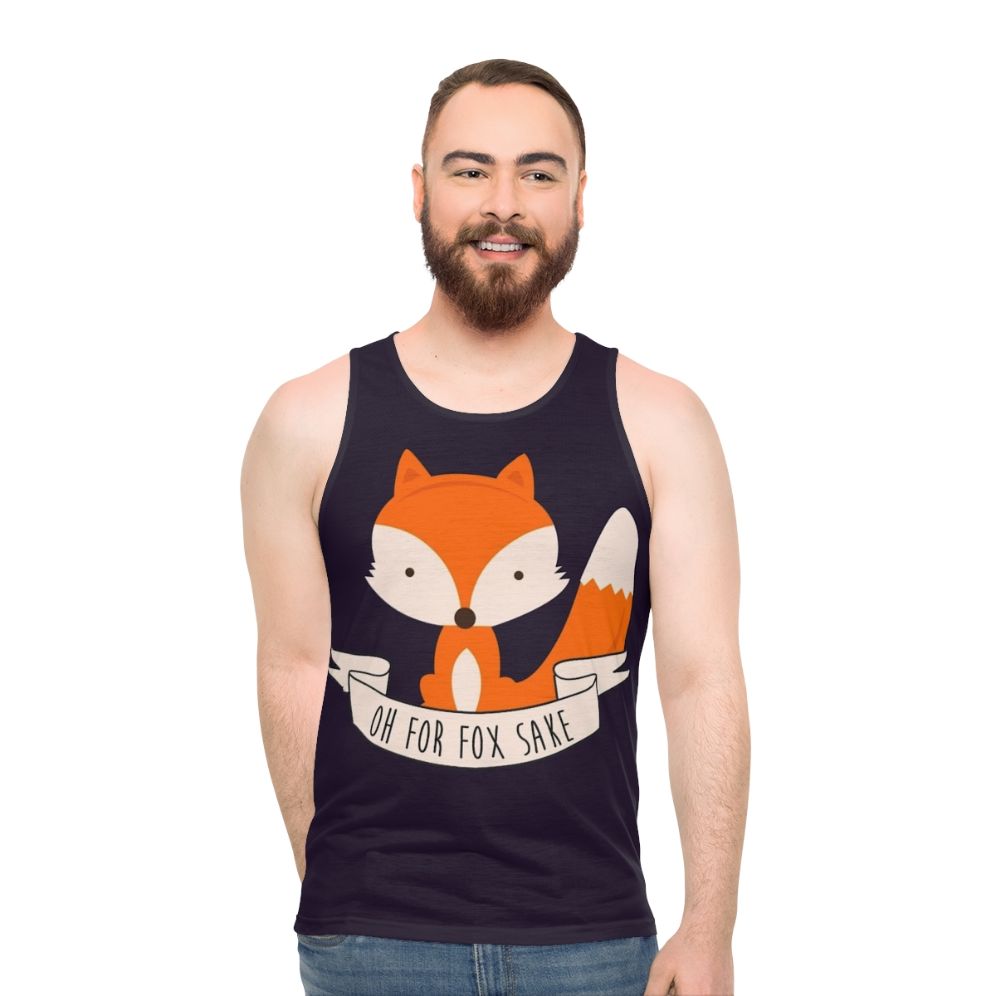 Funny "Oh For Fox Sake" unisex tank top with a fox graphic