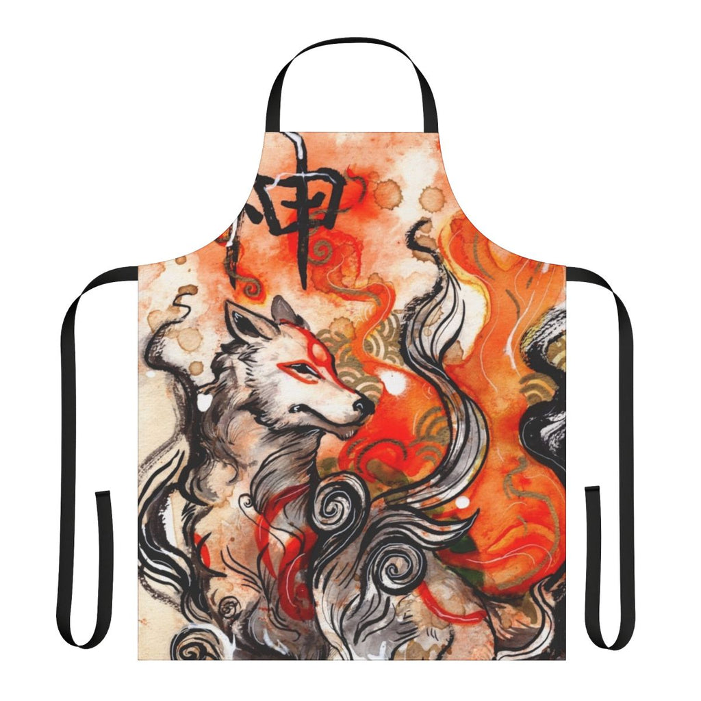 Okami Amaterasu-themed apron featuring a watercolor wolf design