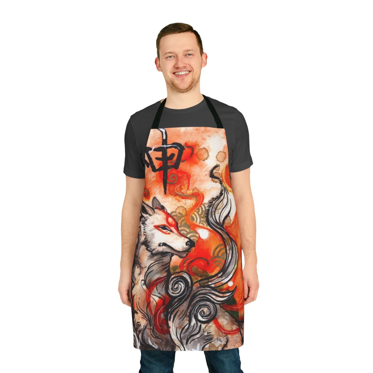 Okami Amaterasu-themed apron featuring a watercolor wolf design