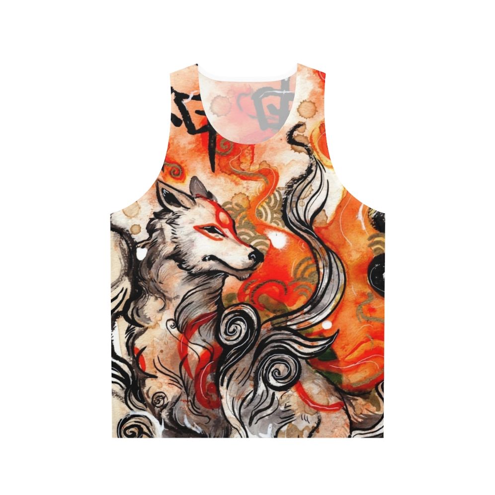 Okami Amaterasu inspired unisex tank top with wolf print design