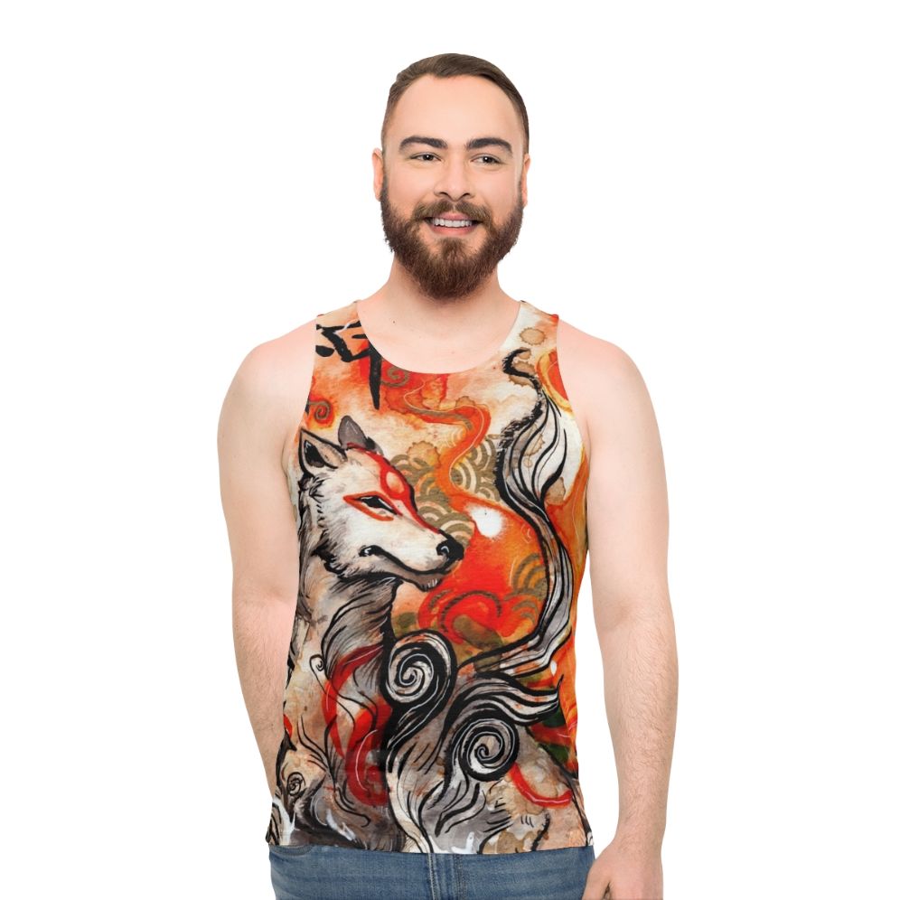 Okami Amaterasu inspired unisex tank top with wolf print design