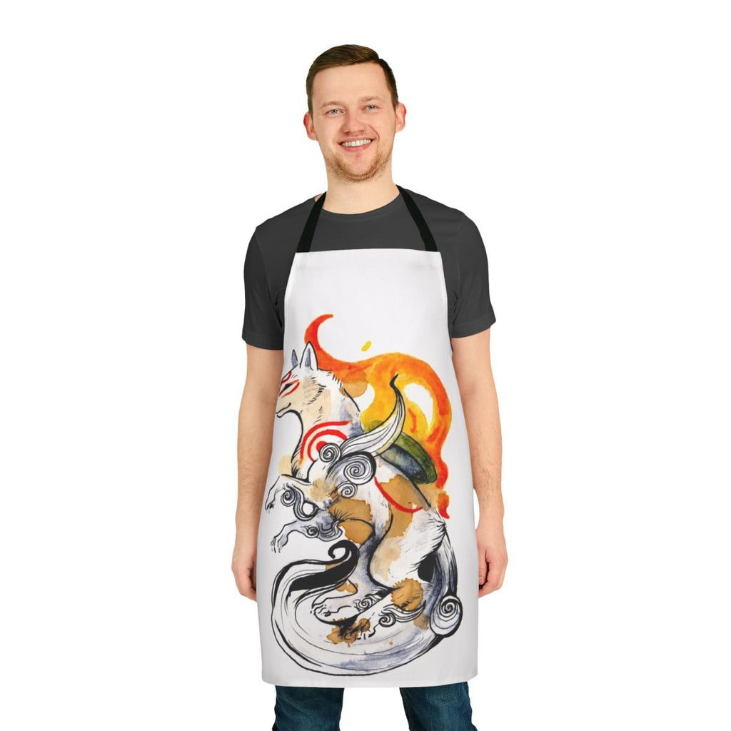 Okami-inspired wolf apron featuring the main character Amaterasu