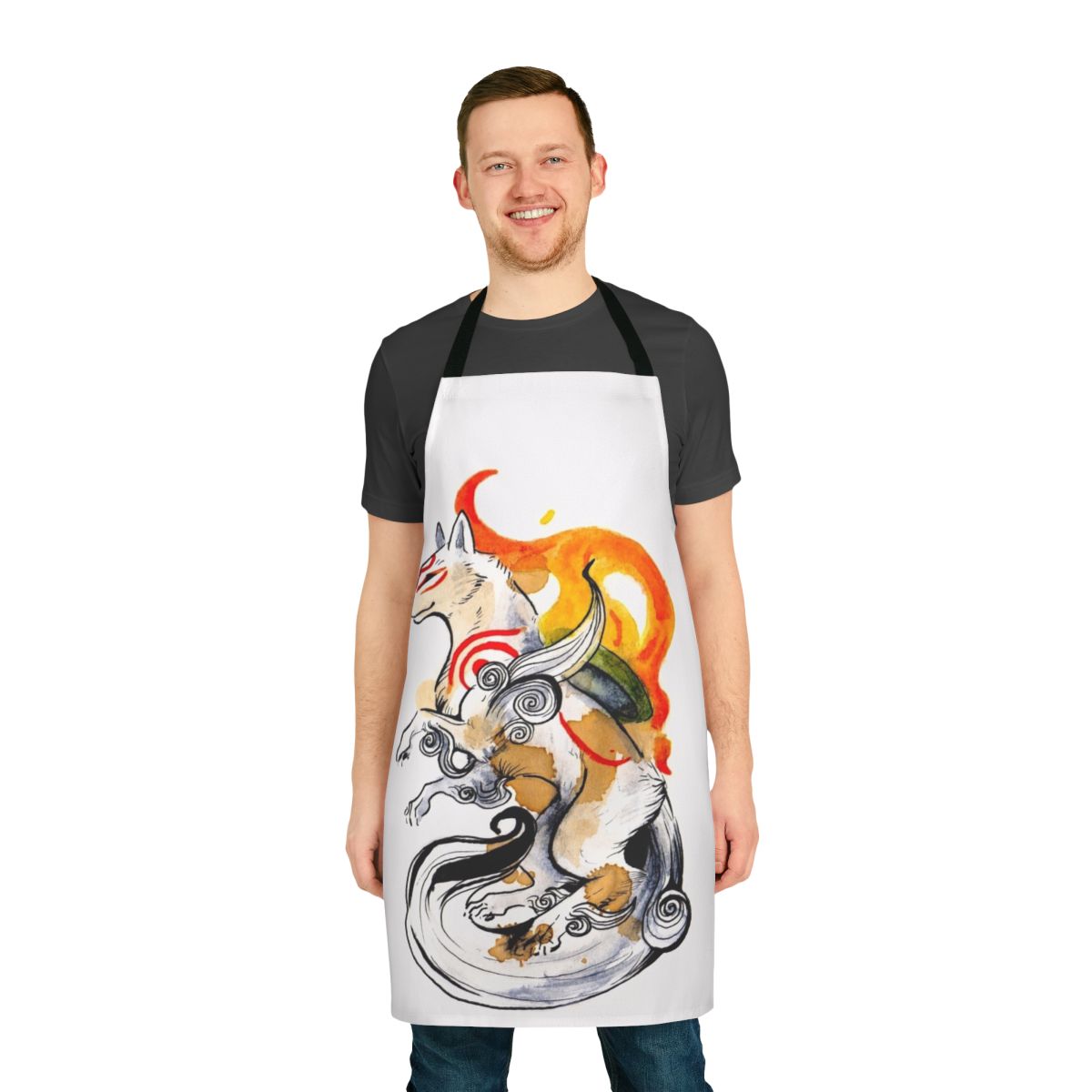 Okami-inspired wolf apron featuring the main character Amaterasu