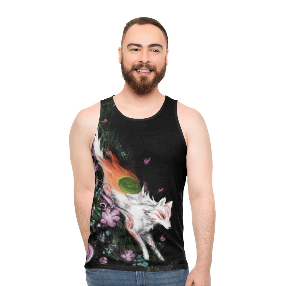 Okami unisex tank top featuring the wolf goddess Amaterasu