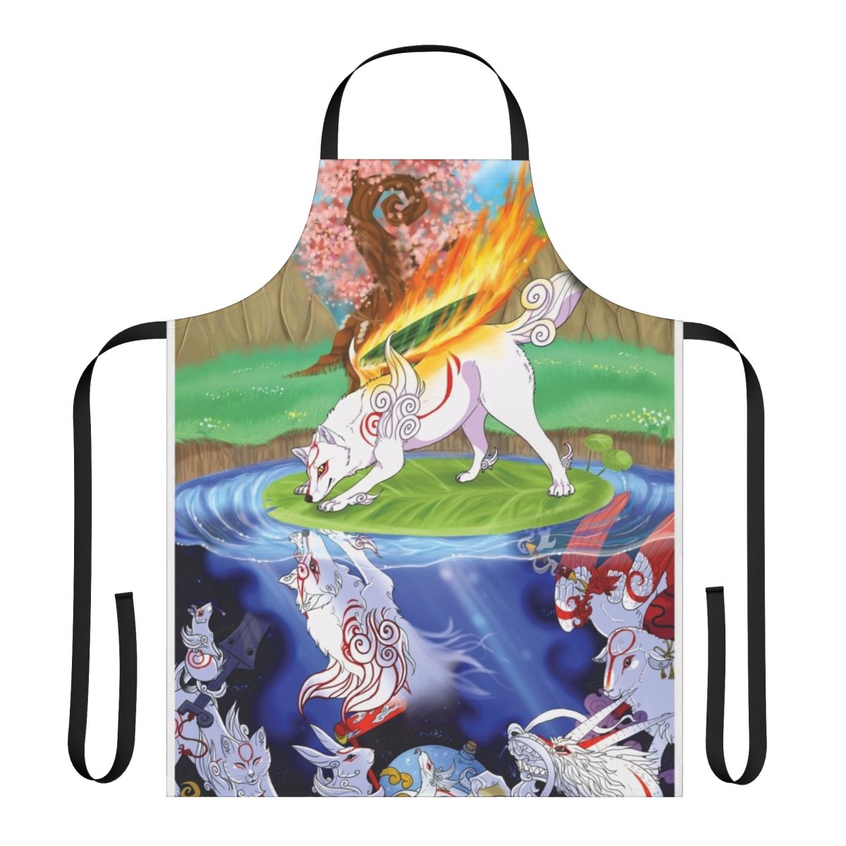 Okami wolf-themed apron with Japanese goddess Amaterasu design