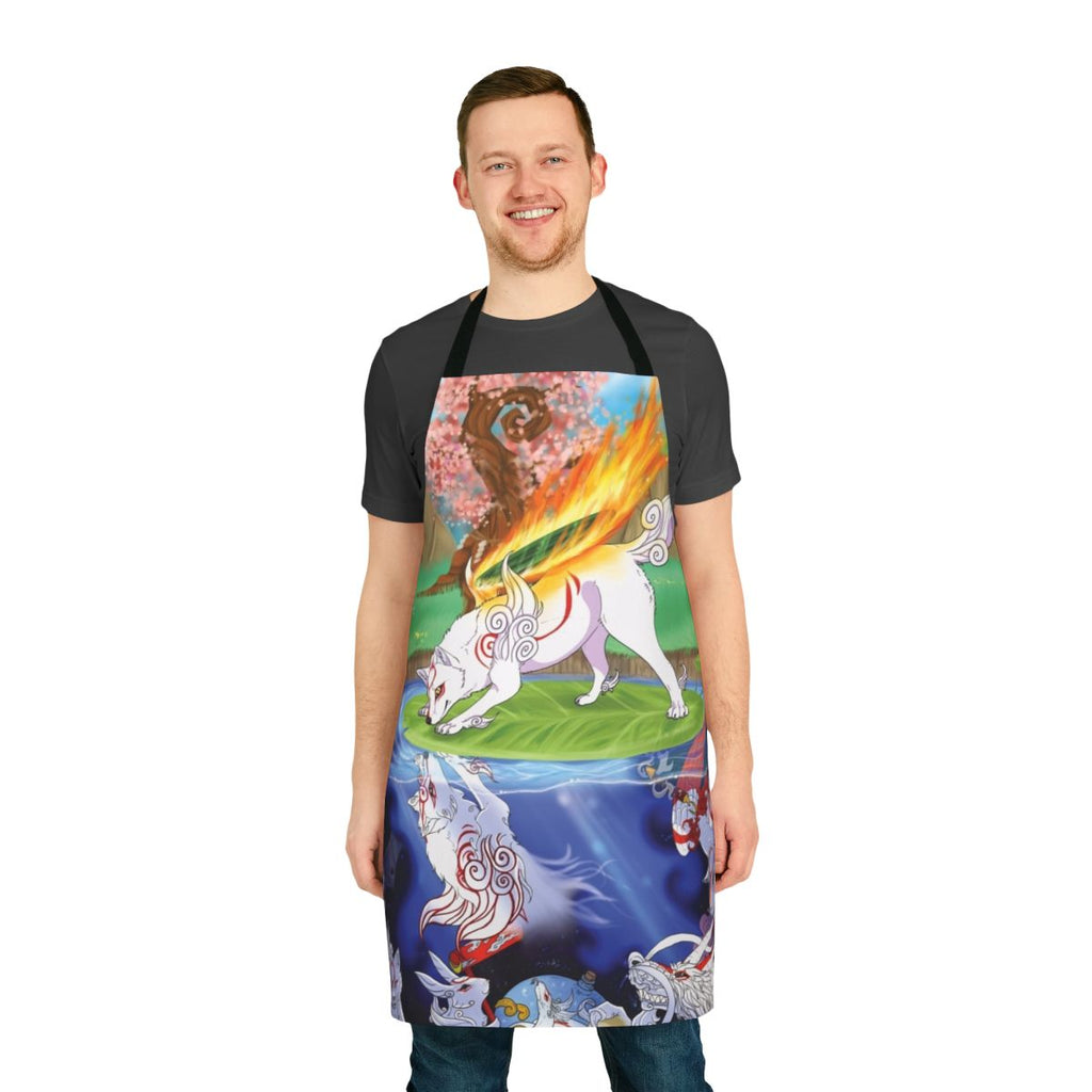 Okami wolf-themed apron with Japanese goddess Amaterasu design