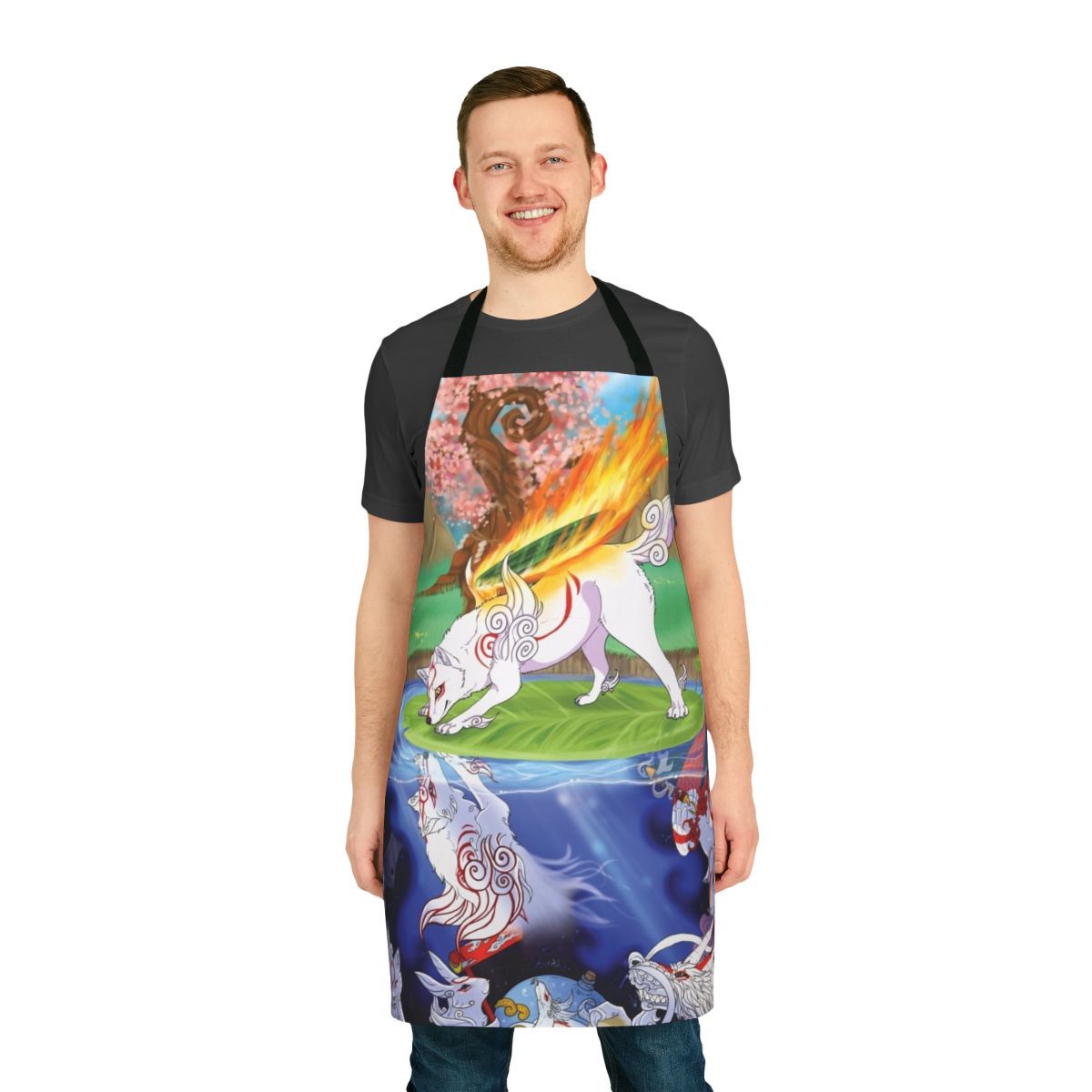 Okami wolf-themed apron with Japanese goddess Amaterasu design