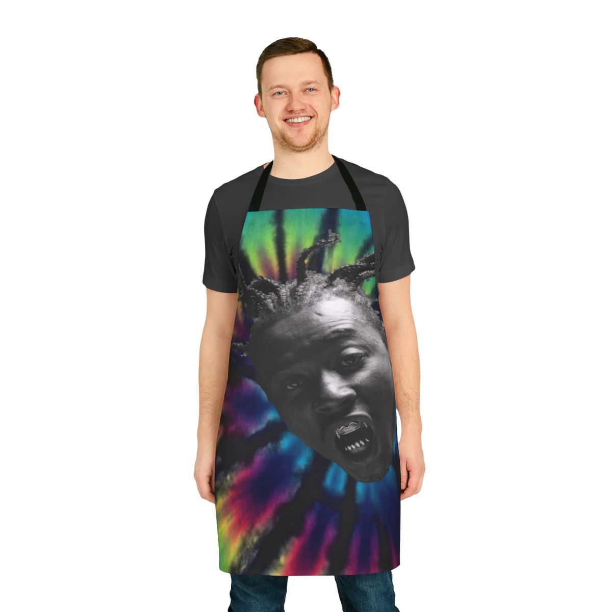 Ol' Dirty Bastard-inspired tie-dye apron with Brooklyn hip hop design