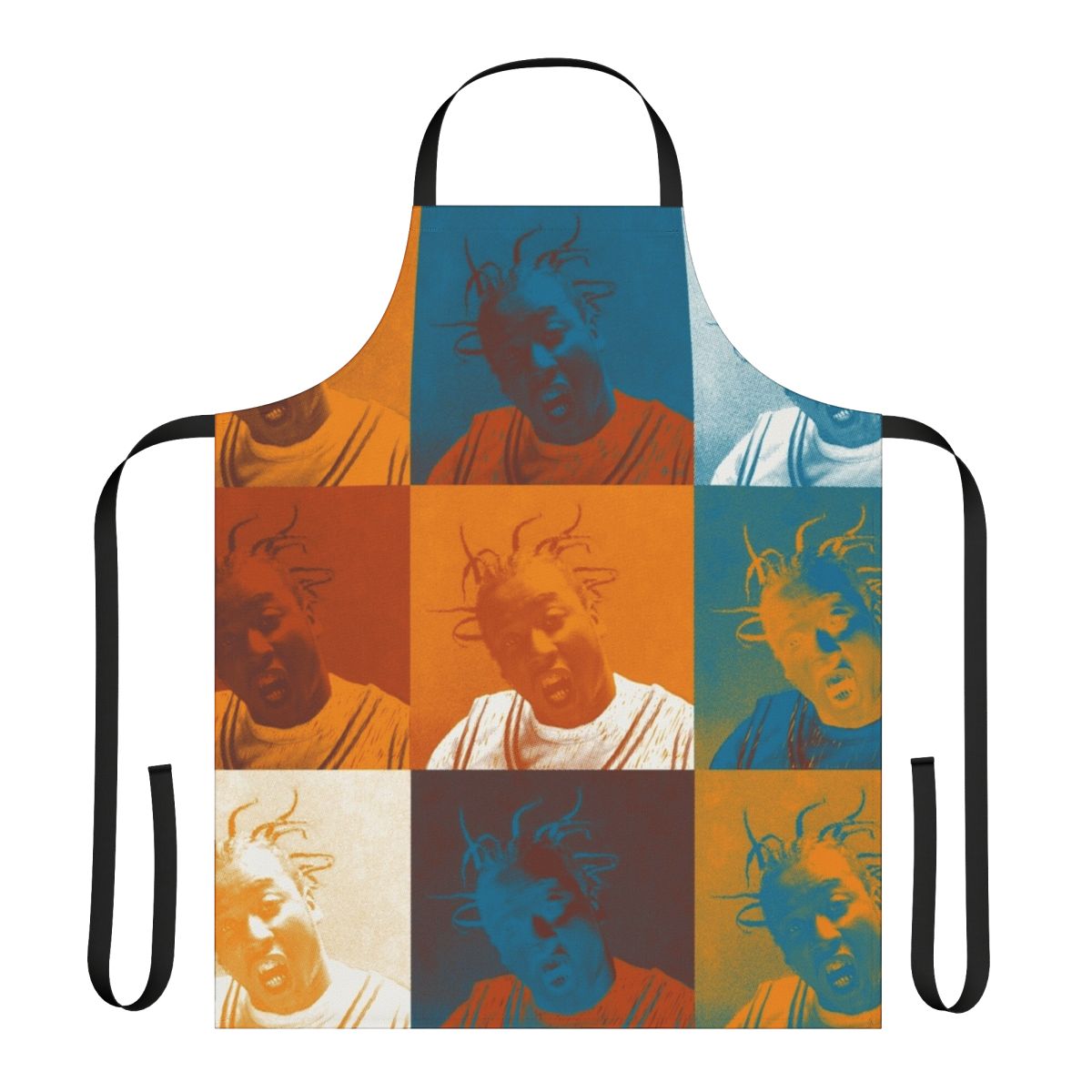 Ol Dirty Bastard inspired apron featuring a halftone repeat pattern in orange and teal colors.