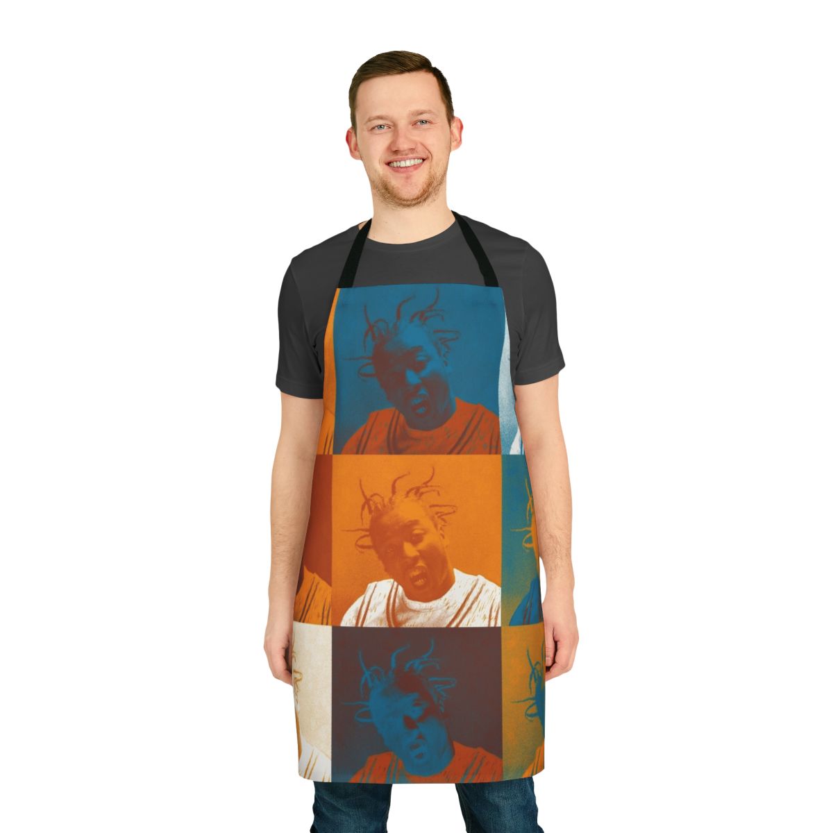 Ol Dirty Bastard inspired apron featuring a halftone repeat pattern in orange and teal colors.