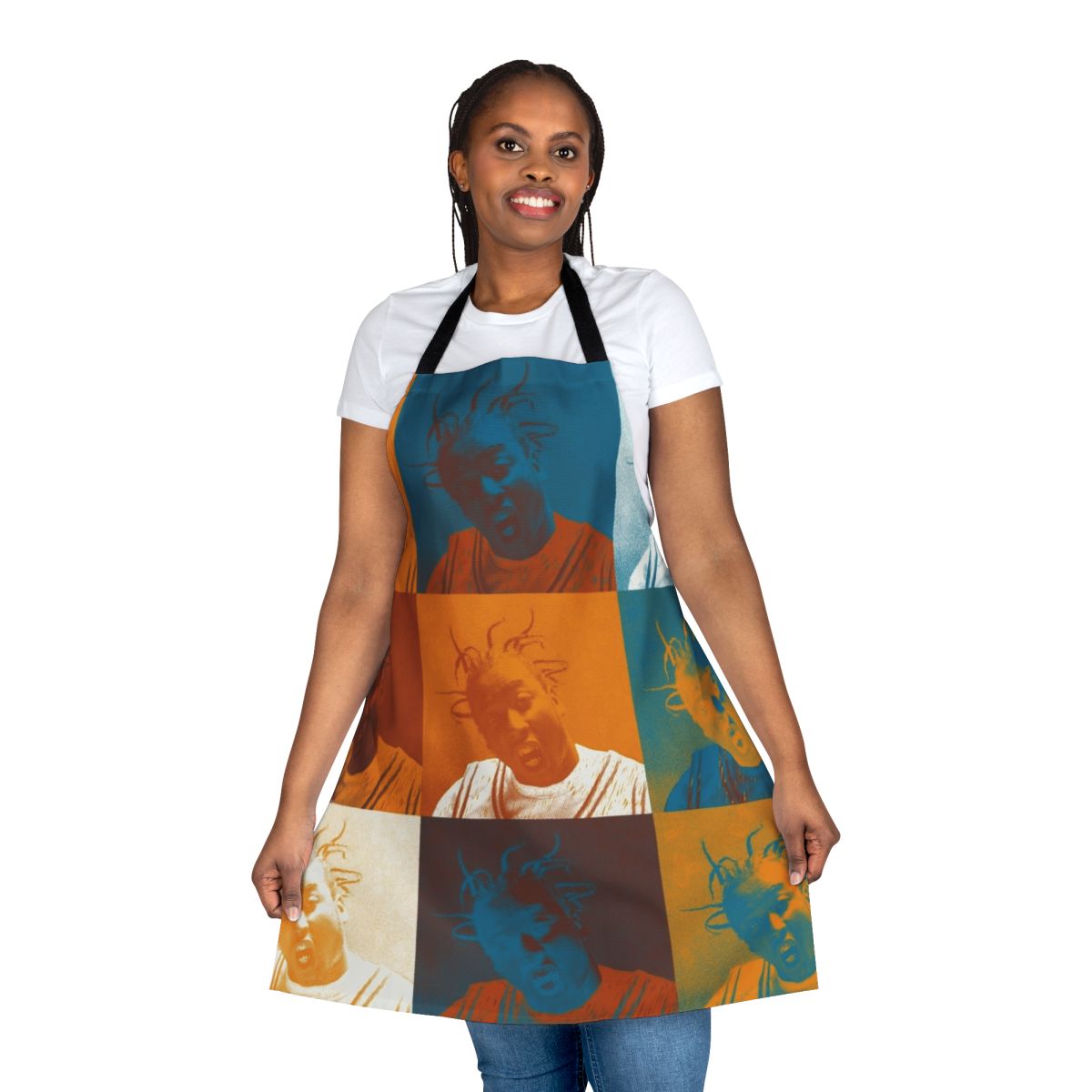 Ol Dirty Bastard inspired apron featuring a halftone repeat pattern in orange and teal colors.