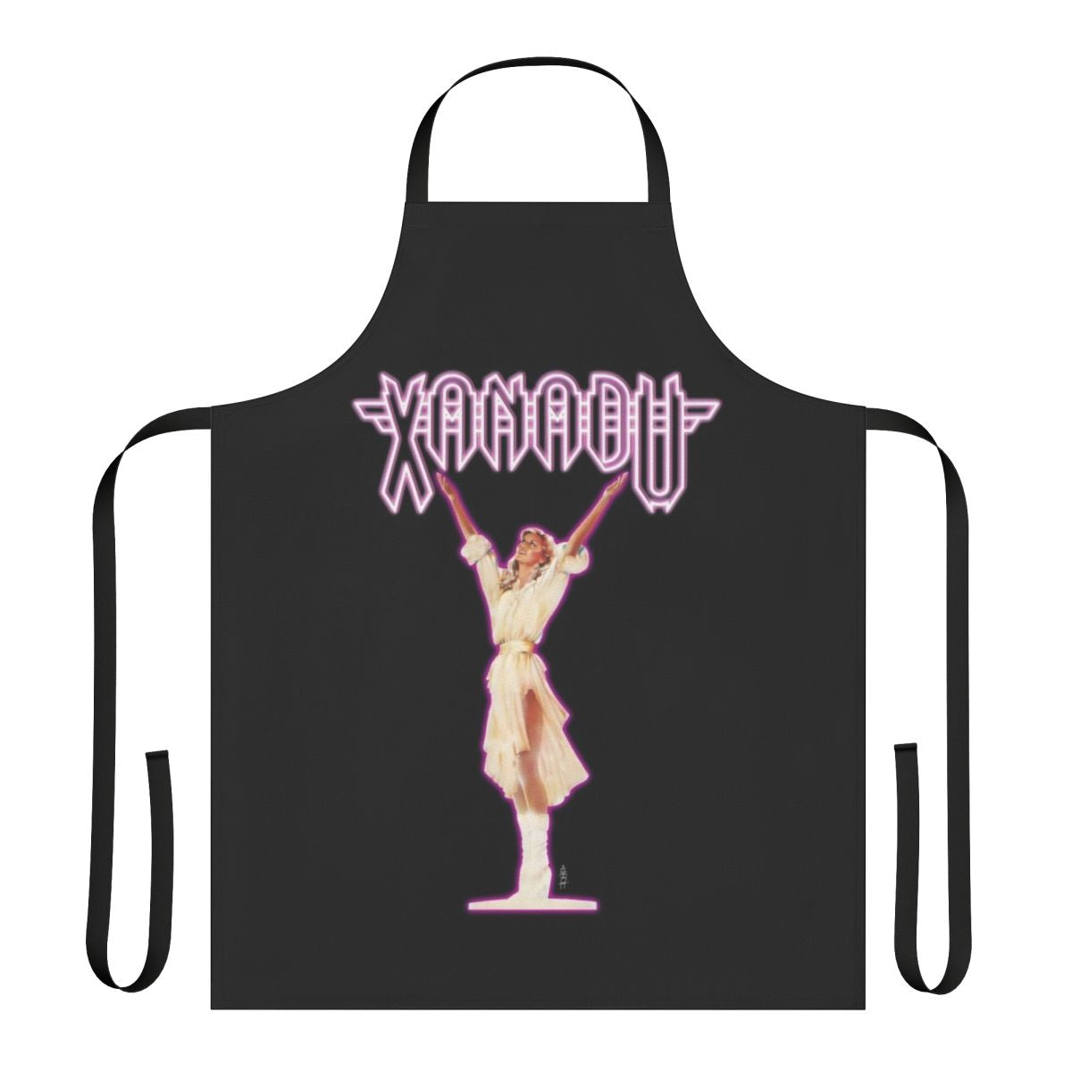 Olivia Newton-John inspired retro 80s fashion apron with a glowing purple design