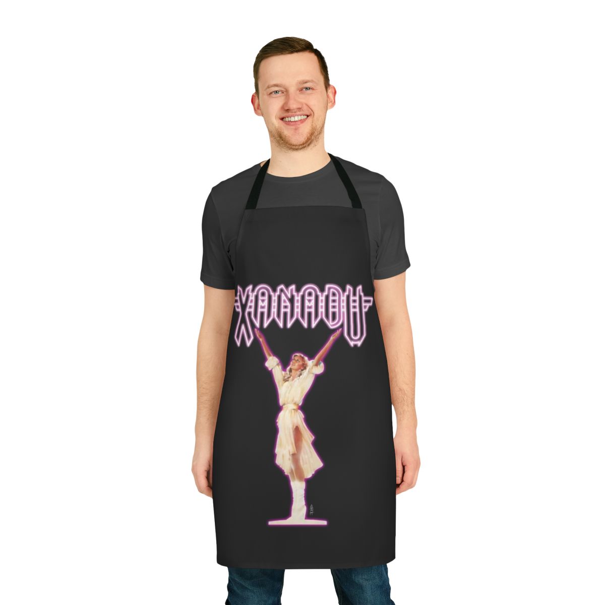 Olivia Newton-John inspired retro 80s fashion apron with a glowing purple design