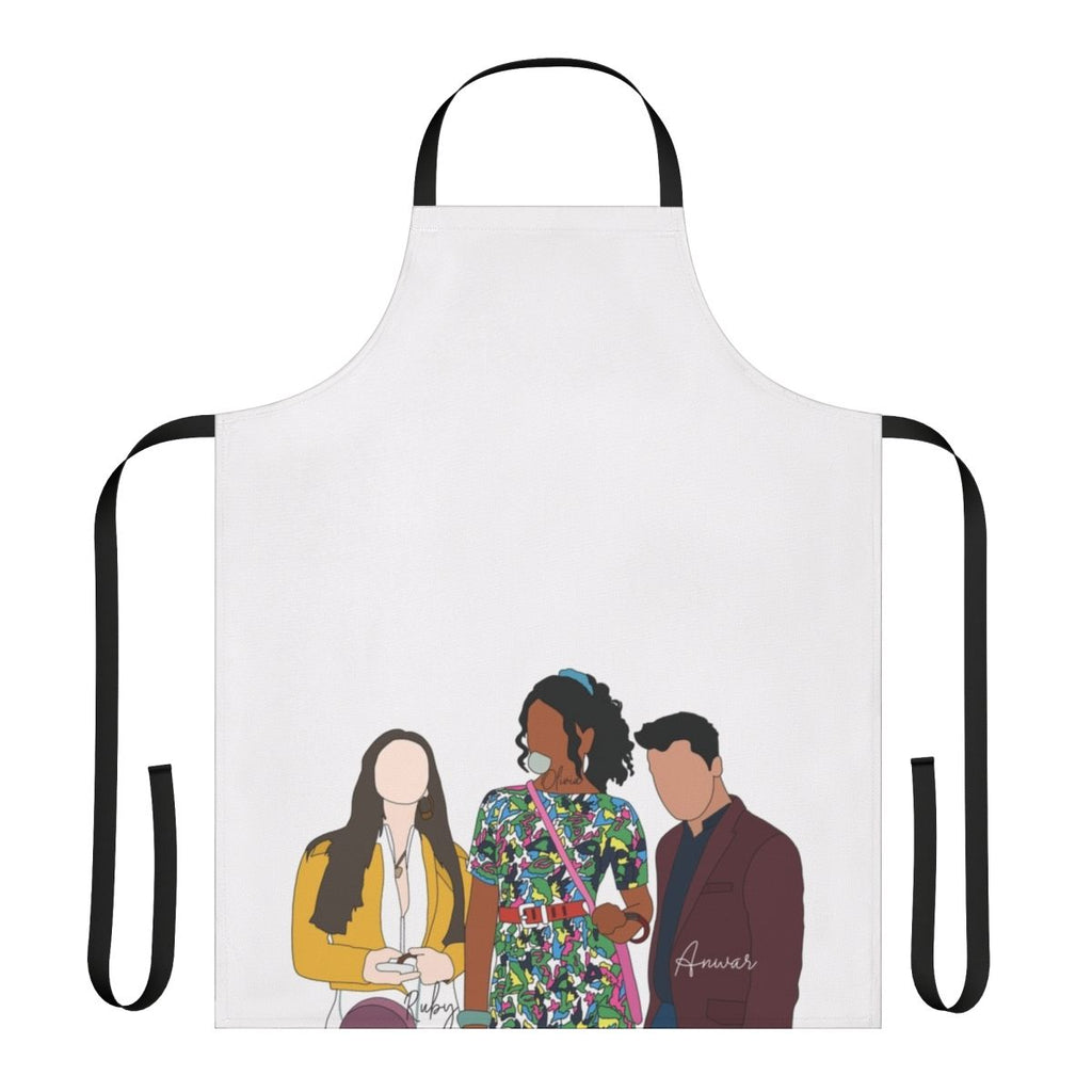 Sex Education-inspired apron featuring Olivia Ruby and Anwar characters