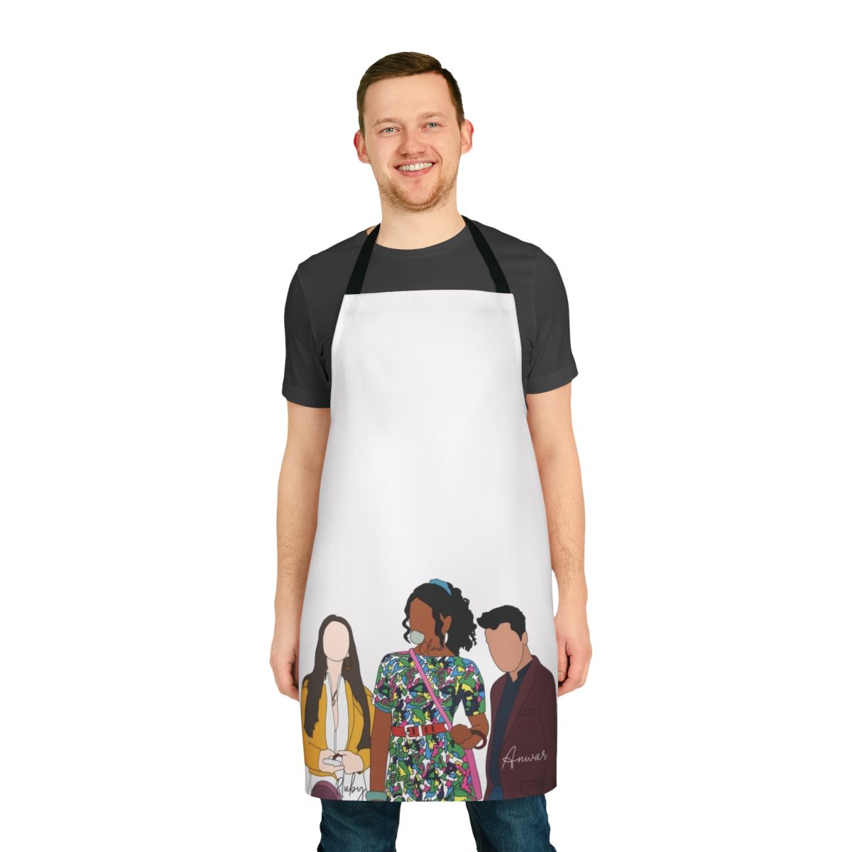 Sex Education-inspired apron featuring Olivia Ruby and Anwar characters
