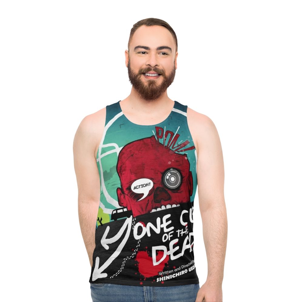 One Cut of the Dead unisex tank top featuring a zombies parody design