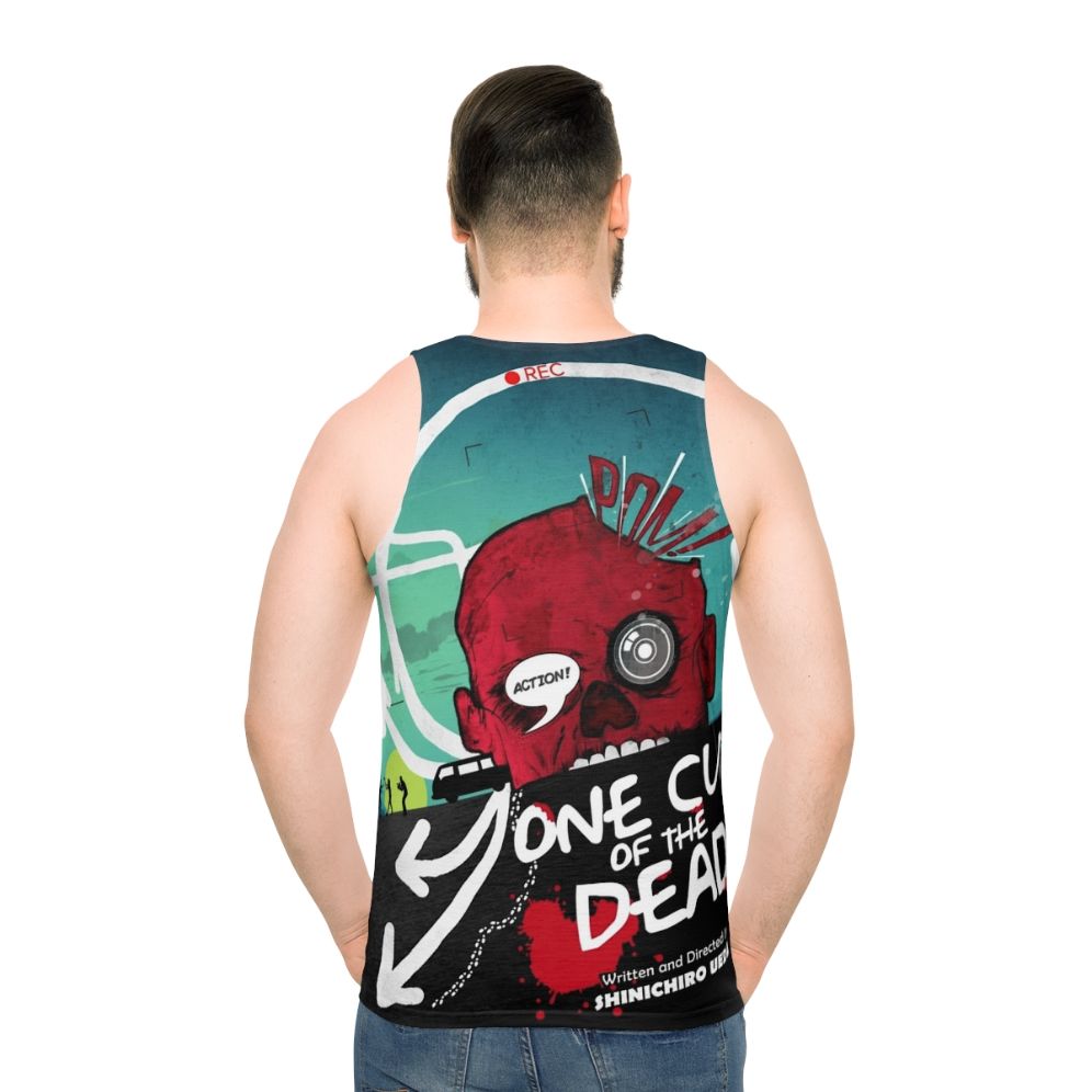 One Cut of the Dead unisex tank top featuring a zombies parody design