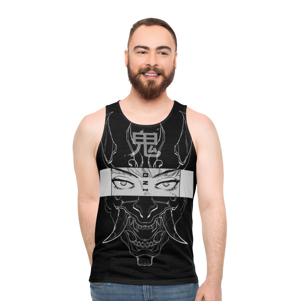 Oni unisex tank top with minimalist Japanese cyberpunk graphic