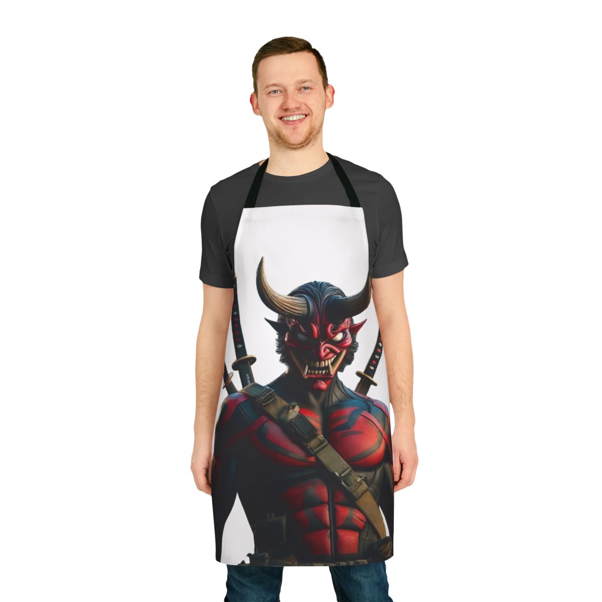 Onipool-inspired superhero apron with oni demon design