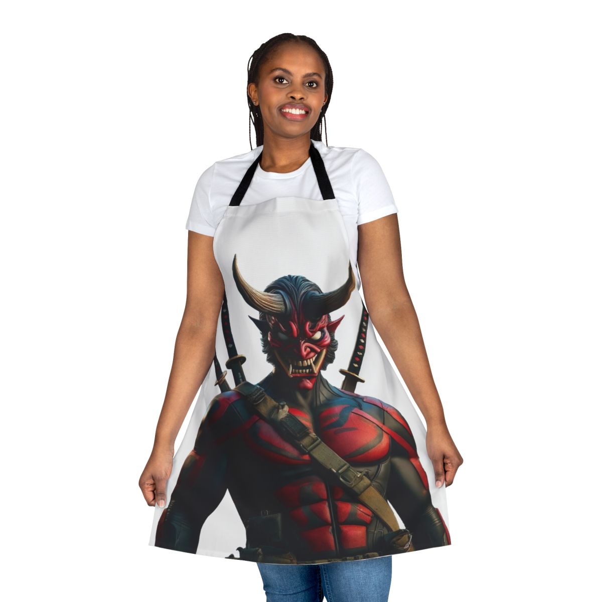Onipool-inspired superhero apron with oni demon design