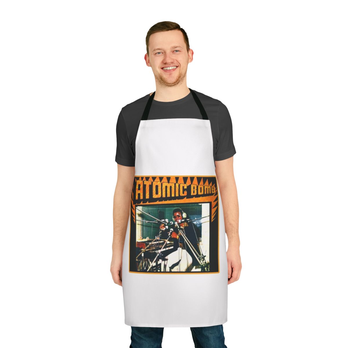 Onyeabor-inspired atomic bomb graphic printed on a durable, high-quality apron