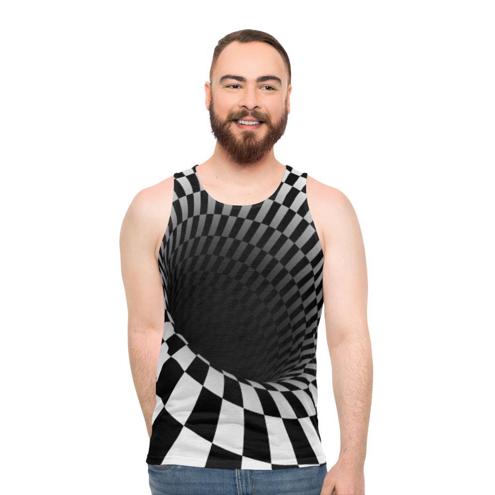 Optical illusion checkerboard design on a black and white unisex tank top