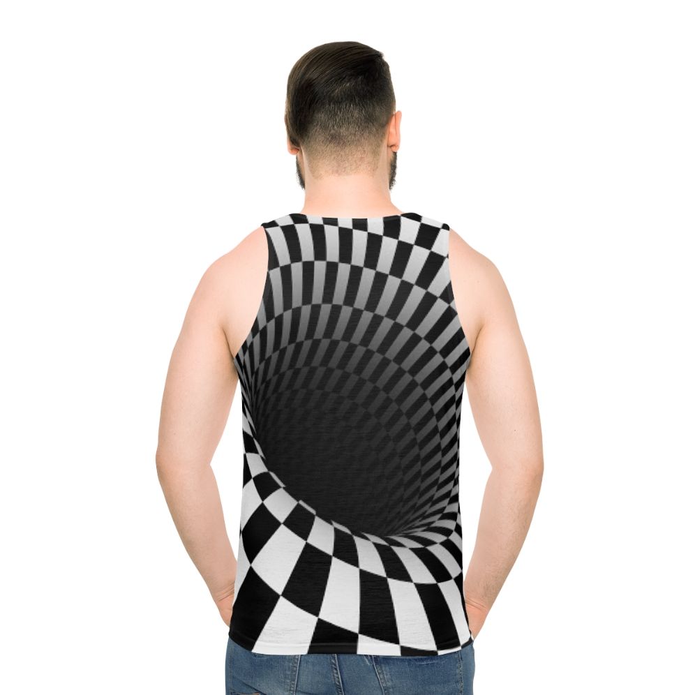 Optical illusion checkerboard design on a black and white unisex tank top