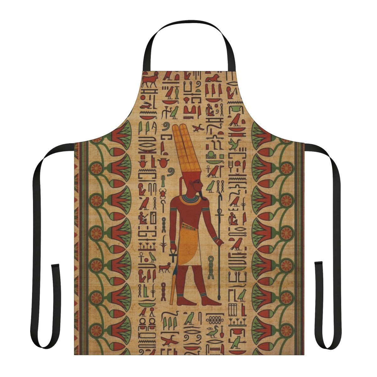 Ornamental design featuring hieroglyphic imagery and symbolism inspired by the ancient Egyptian deity Amun Ra