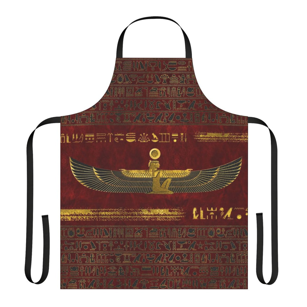 Closeup of an ornate golden Egyptian-inspired design on a red leather apron