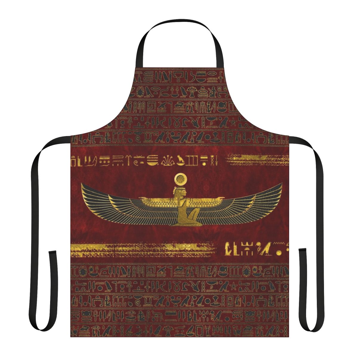 Closeup of an ornate golden Egyptian-inspired design on a red leather apron