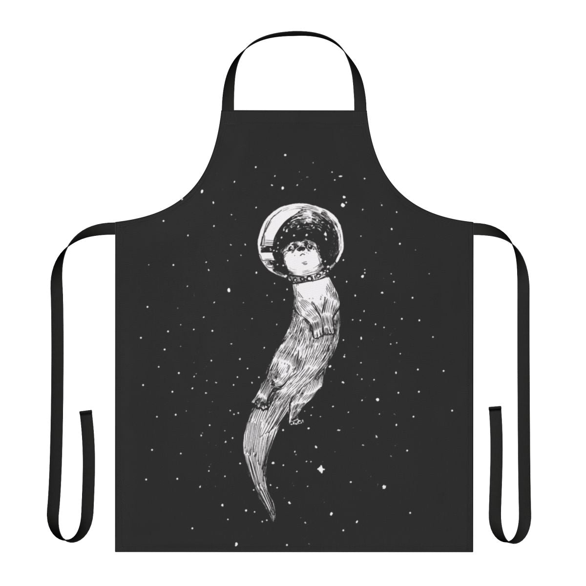 Whimsical apron with an illustration of an otter floating peacefully through a starry outer space scene