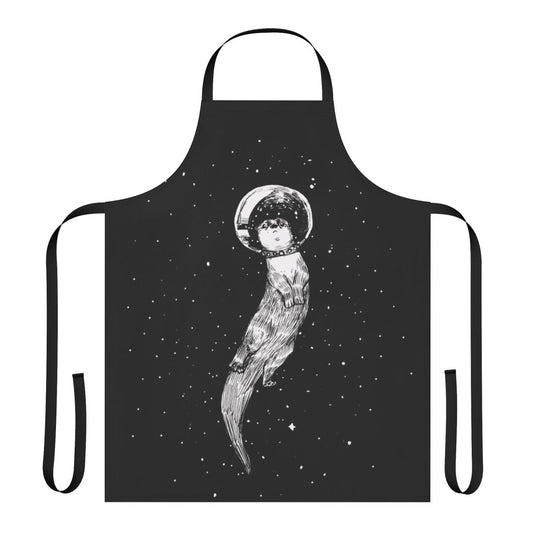 Whimsical apron with an illustration of an otter floating peacefully through a starry outer space scene