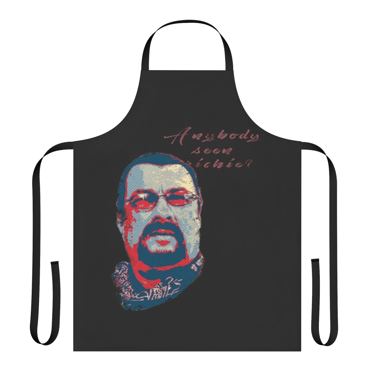 An apron featuring quotes and images from the Steven Seagal movie "Out for Justice"
