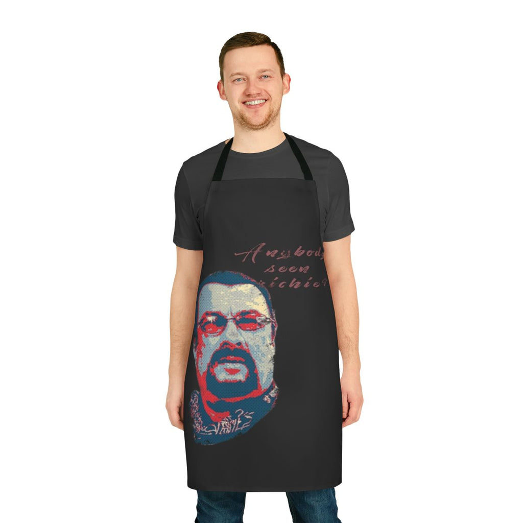 An apron featuring quotes and images from the Steven Seagal movie "Out for Justice"