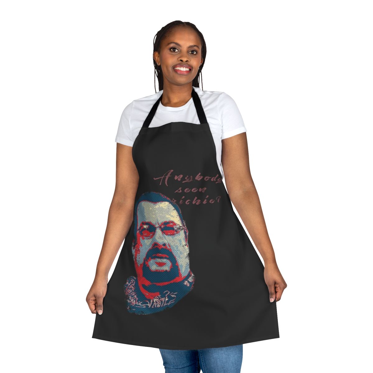 An apron featuring quotes and images from the Steven Seagal movie "Out for Justice"