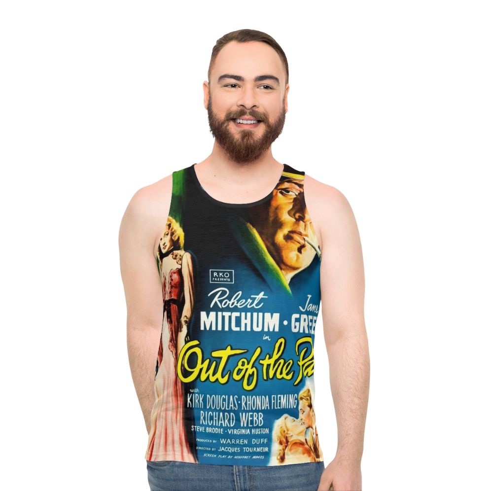 Unisex tank top with vintage "Out of the Past" movie poster design