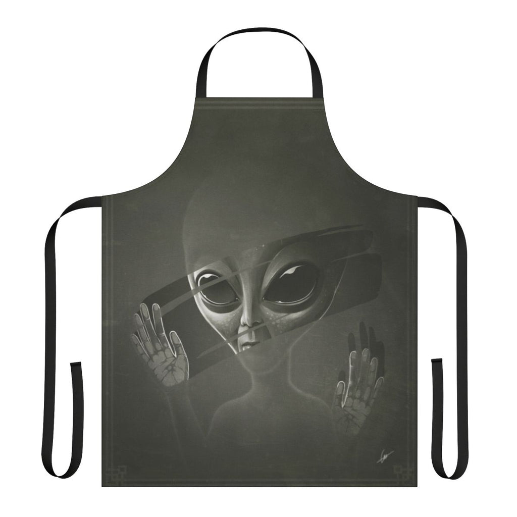 Illustration of a grey alien face on a black apron, perfect for sci-fi inspired cooking and kitchen tasks.