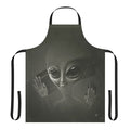 Illustration of a grey alien face on a black apron, perfect for sci-fi inspired cooking and kitchen tasks.